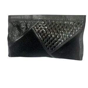 Vintage 80s Intrecciato Leather Suede Woven Large Clutch Bag Zip black Italy Tie